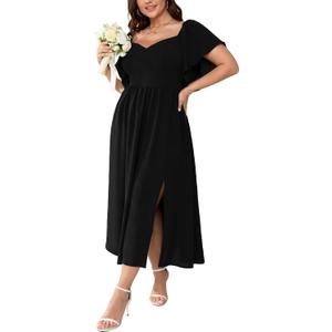 SCOMCHIC Women Plus Size Dresses Short Sleeve Sweetheart Neckline Wedding Guest Cocktail Smocked A Line Slit Maxi Dress (XXL)