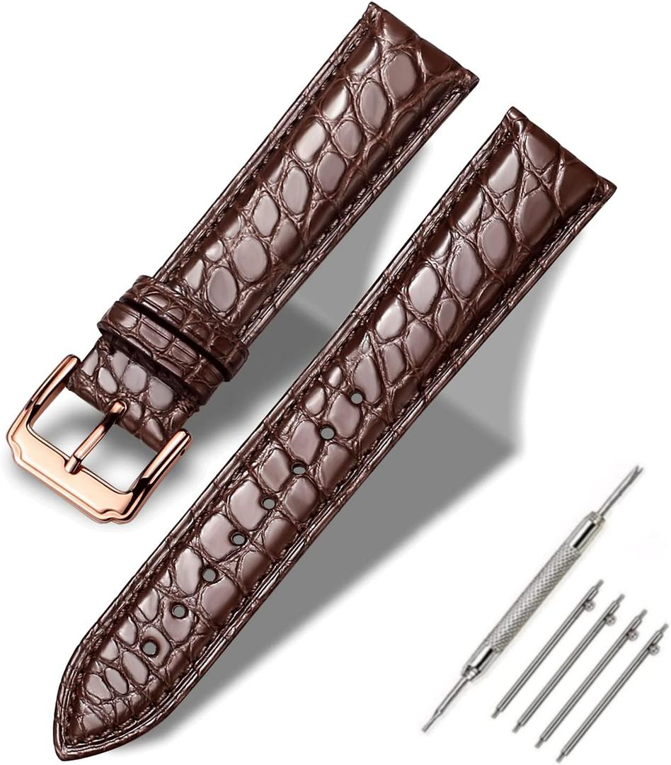 Moran Alligator Leather Quick Release Watch Band 18mm 19mm 20mm 22mm 23mm 24mm Replacement Genuine Crocodile Leather Loop SmartWatch Strap for Men Women (Alligator-Brown/Rose Gold)