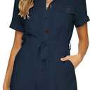 GRAPENT Women's Summer Short Sleeve Button Down Pockets Belted Jumpsuits Rompers, Small Fits 4-6, Navy Blue