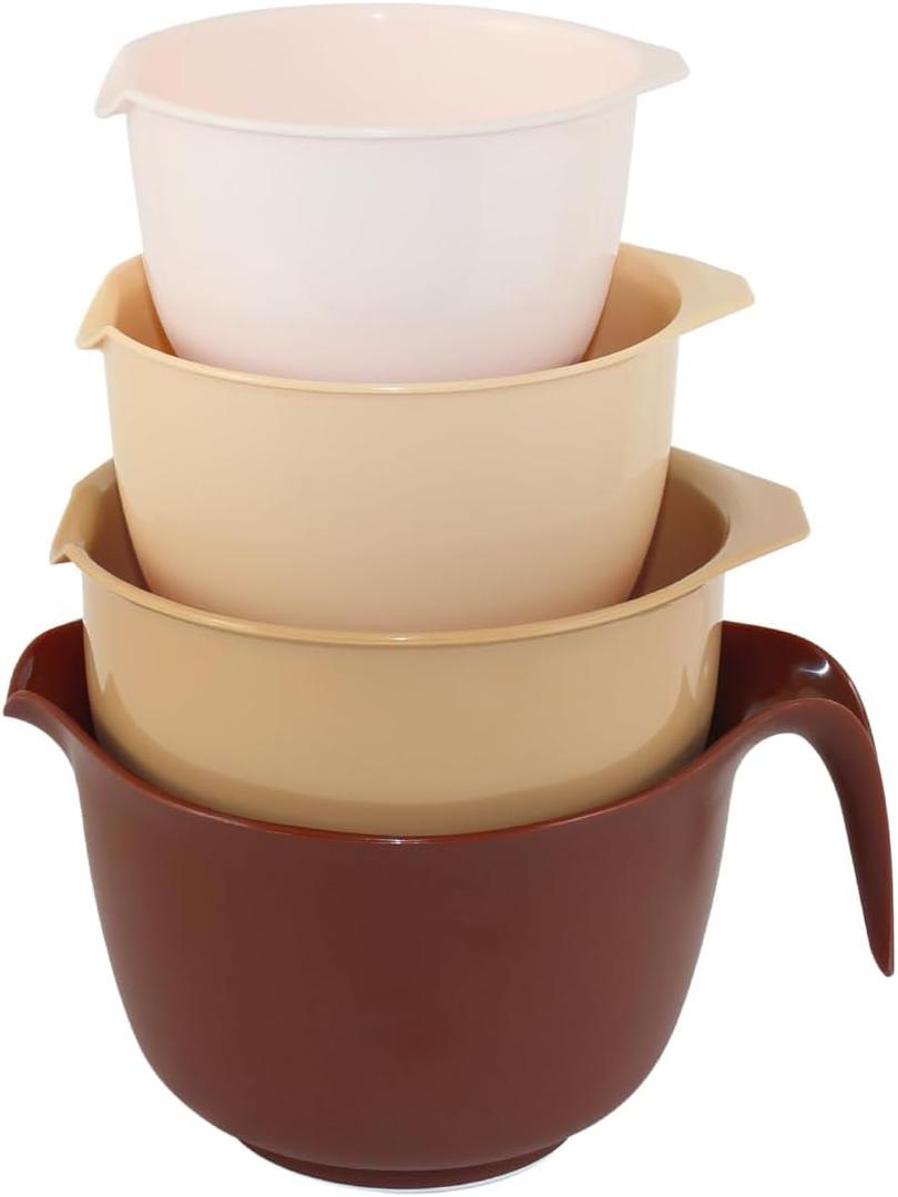 Glad Mixing Bowls with Pour Spout, Set of 4 - Nesting Plastic Bowls (1.2qt, 1.9qt, 2.8qt, and 3qt with Handle) - Non Slip Base, Dishwasher Safe Kitchen Cooking and Baking Supplies, Beige
