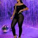 WEICHUJIAN Women Sexy See through Hollow Mesh Leopard Print Rhinestone Club Short Sleeve Bodycon Jumpsuit (Black, XL)