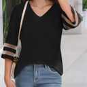 Women's V Neck Mesh Panel Sleeve Tops Tie Knot Hem Tops 2025 Summer Casual Blouses 3/4 Bell Sleeve Loose Shirt (Black, L)