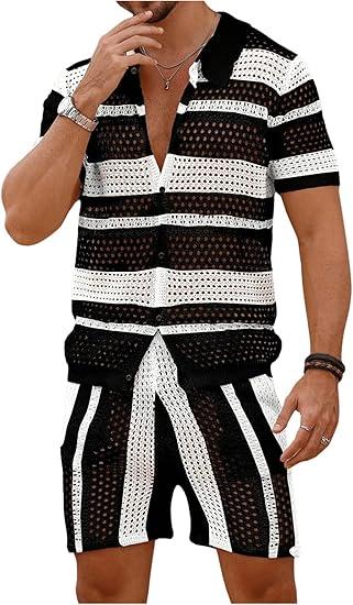 Verdusa Men's Knitted 2 Piece Outfitd Short Sleeve Hollow Out Button Up Shirt M