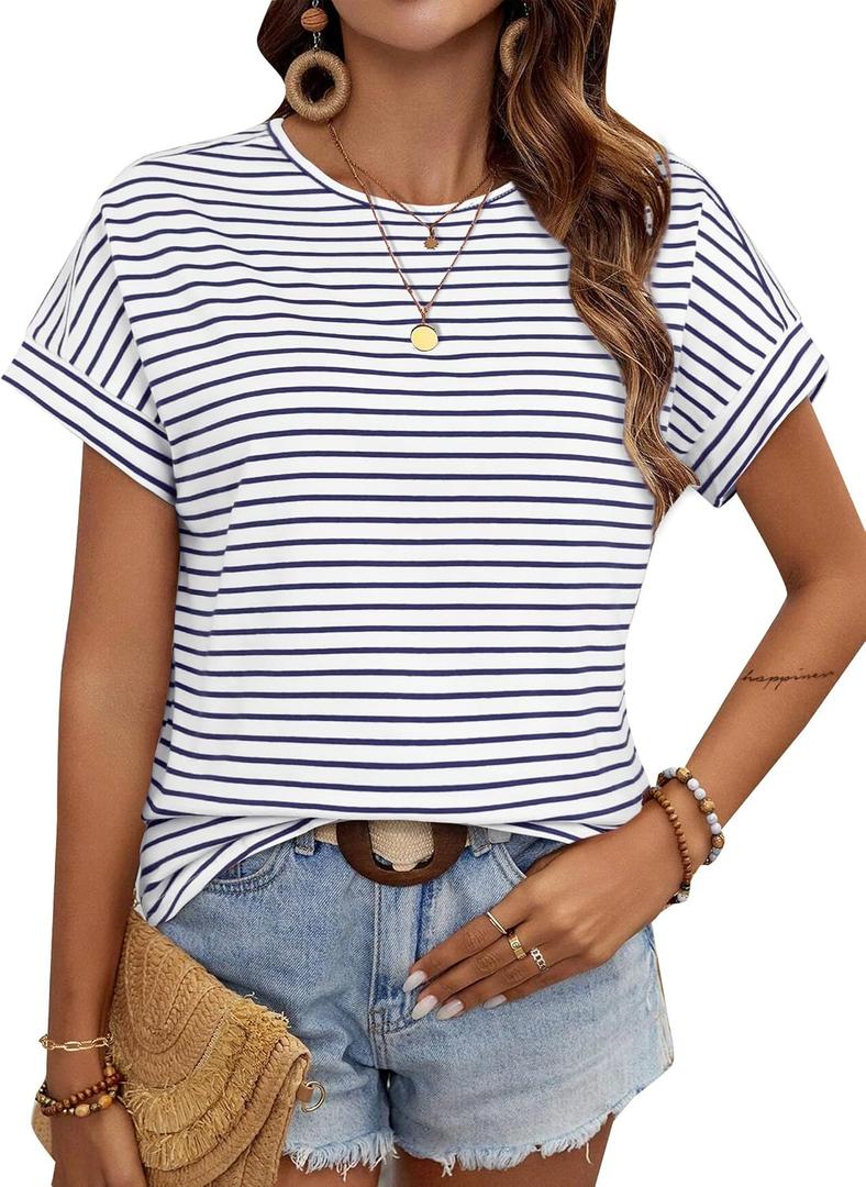 LilyCoco Womens Striped Shirt Short Batwing Sleeve Tops Crew Neck Casual Loose Fit Tee Black Small (S)