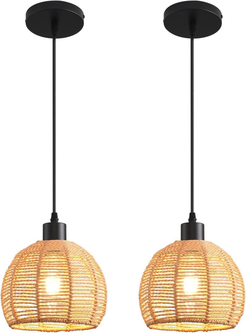 Woven Pendant Light Boho Chandelier, Rattan Pendant Lights Kitchen Island, Farmhouse Pendant Lighting with Hand Woven Wicker Shade, Boho Chandelier Light Fixtures Ceiling Hanging Light