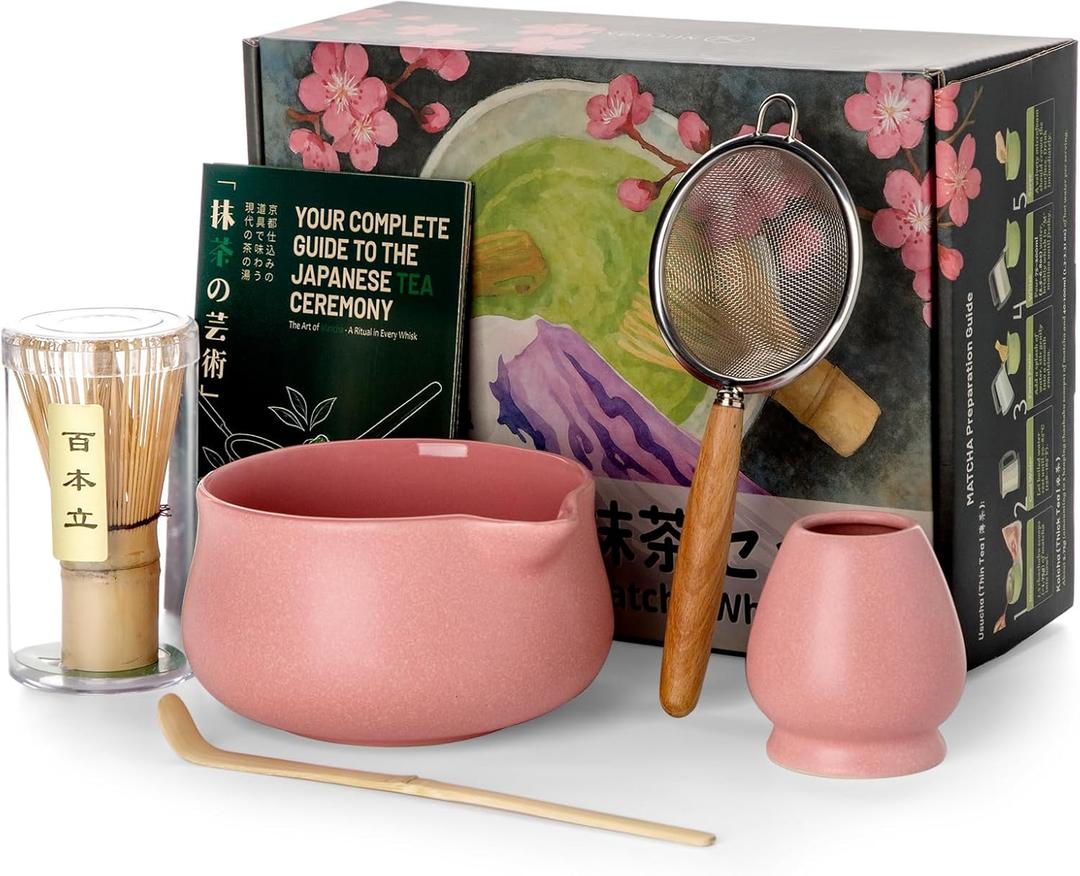 Nucookery Matcha Whisk Set - 5 Pcs Matcha Set with 18oz Ceramic Matcha Bowl (Chawan) with Spout, Bamboo Whisk & Holder, Scoop and Sifter | Complete Matcha Kit for Japanese Tea Ceremony (Pink) (Blossom-Kiln Blush)