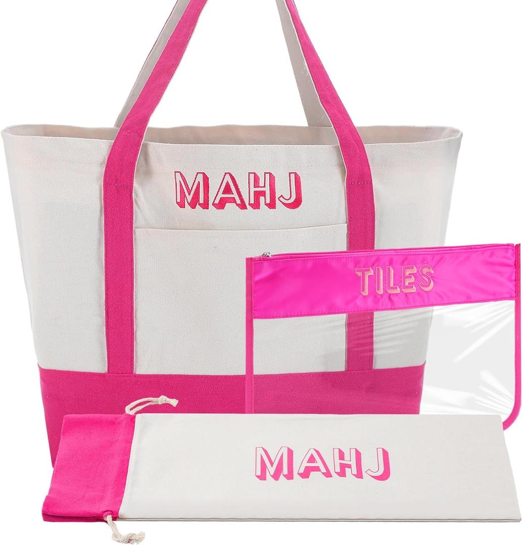 3 Pcs Empty Mahjong Canvas Bag Gift Embroidered American Mahjong Set Incl Tiles Bag and Racks & Pushers Drawstring Bags(Pink)