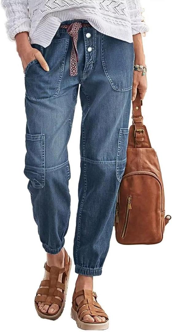Flamingals Straight Leg Button Fly Jeans for Women Multi Pocket Mid Rise Jeans Without Belt Denim Pants (Large)