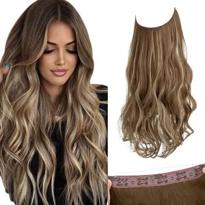 SARLA Adjustable Headband Halo Hair Extension Medium Brown With Ash Blonde Highlight Short Wavy Curly Synthetic Hairpiece Invisible Wire 12 Inch for Women Heat Resistant Fiber No Clip (M05&10H24B)