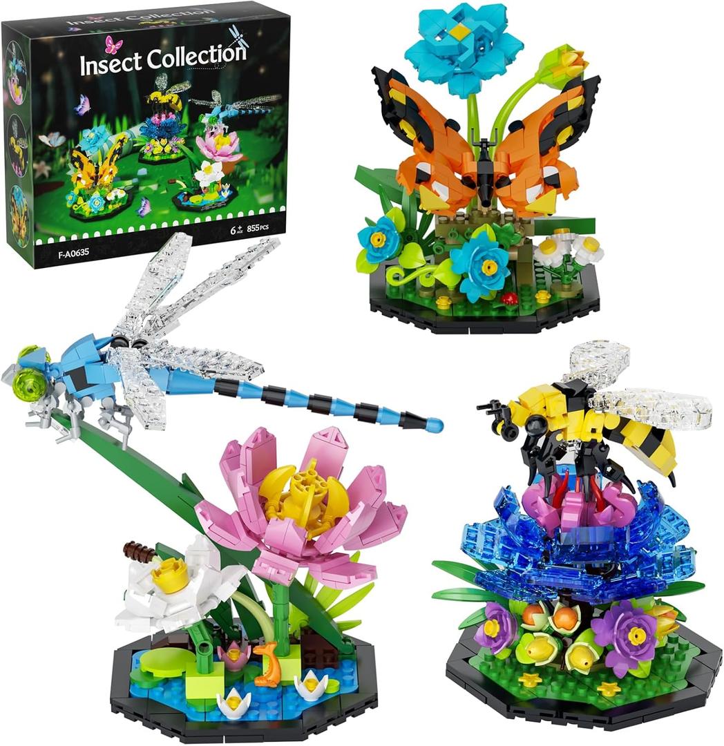 Ideas Insect Collection Building Set,855 PCS Butterfly Dragonfly Bee Display Models for Botanicals Flowers Lovers, Nature Dcor Halloween Christmas Bugs Gifts for Adults