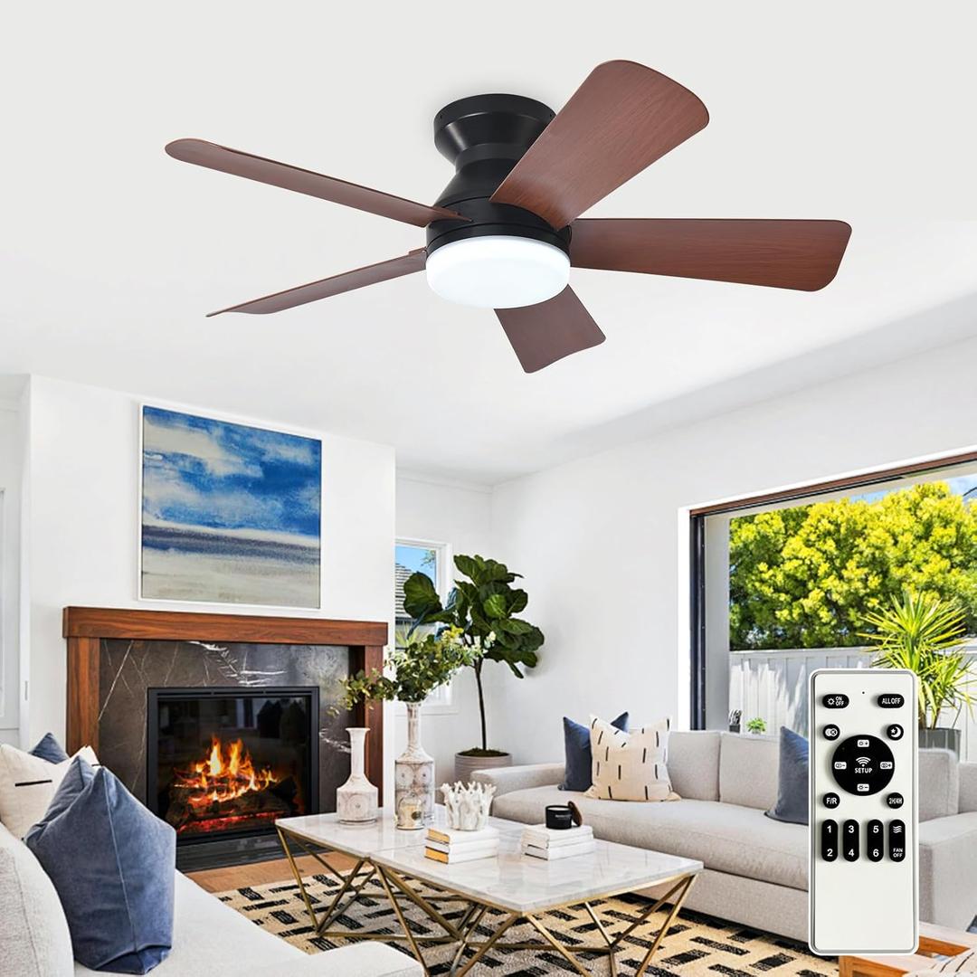 Modern Ceiling Fans with Lights: 35in Flush Mount Ceiling Fan with Light and Remote - Black Low Profile Ceiling Fan for Bedroom Reversible 3CCT Dimmable Timer Quiet Indoor/Outdoor Use