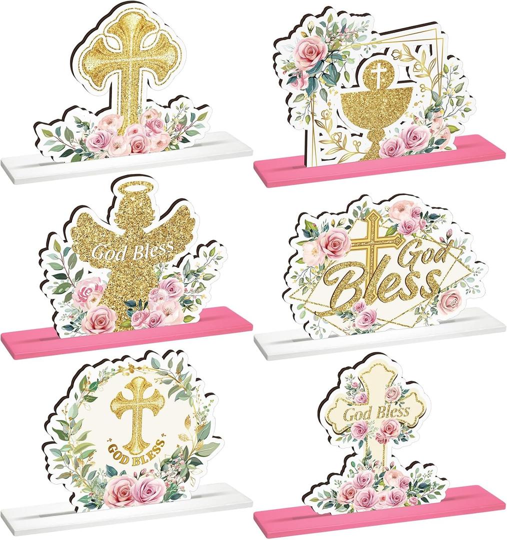 Suzile 6 Pcs First Communion Wooden Decorations Baptism God Bless Centerpiece Floral Baptism Decor for Christening Baby Shower First Communion Religious Birthday Party Supplies(Gold, Pink)