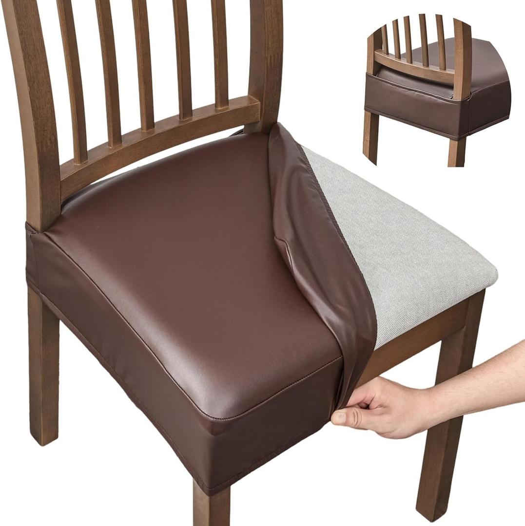 FUANGUI Dining Chair Covers Set of 6, Waterproof PU Leather Stretch Chair Seat Slipcovers Soft Removable Washable Chair Covers, Kitchen Chair Seat Covers Protectors Dining Room, Pu-Coffce