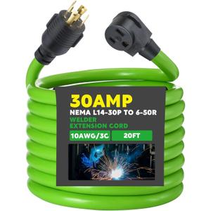 Kanayu 20 ft NEMA L14-30P to 6-50R Welder Extension Cord, 4 Prong Generator to 3 Prong Welder Power Adapter Cord 30 Amp Generator Locking Plug Connector to Welding, 10 AWG ETL Listed