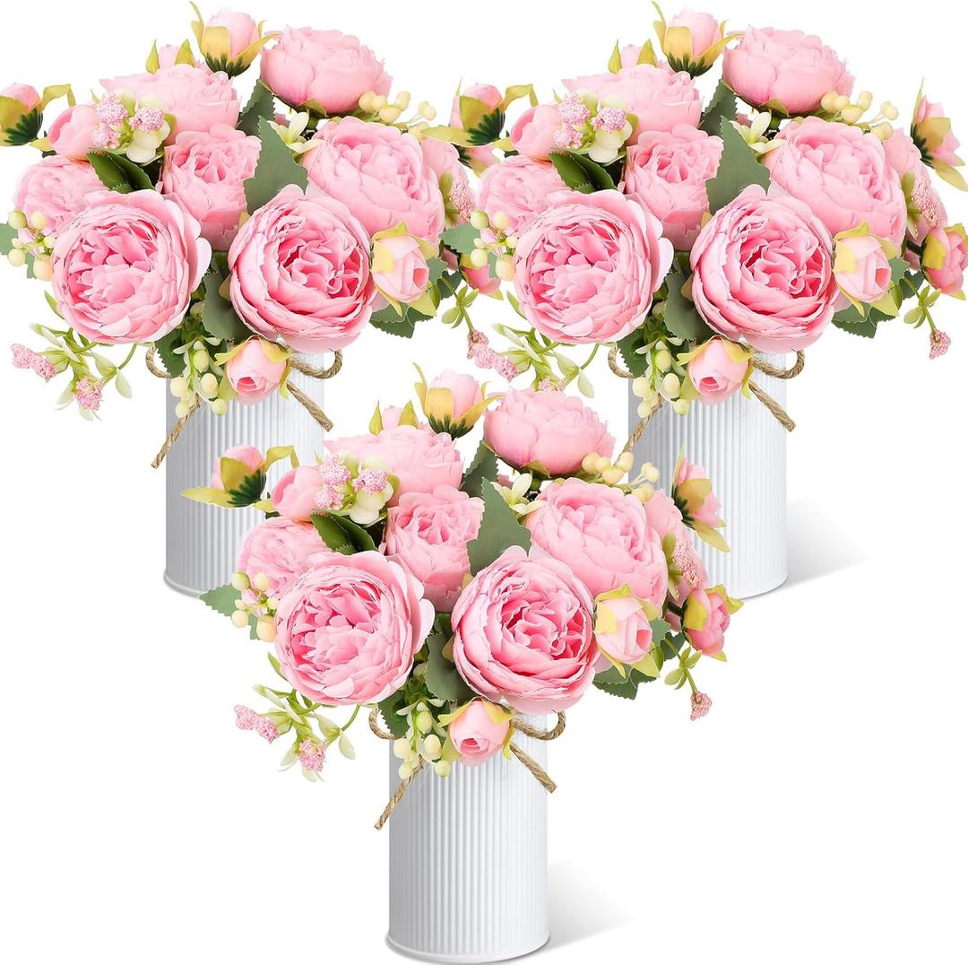 3 Sets Artificial Peonies Flower Peony Bouquet with Galvanized Metal Pot Silk Fake Peonies Faux Flower Arrangements for Wedding Table Centerpiece Party Home Room (Pink)