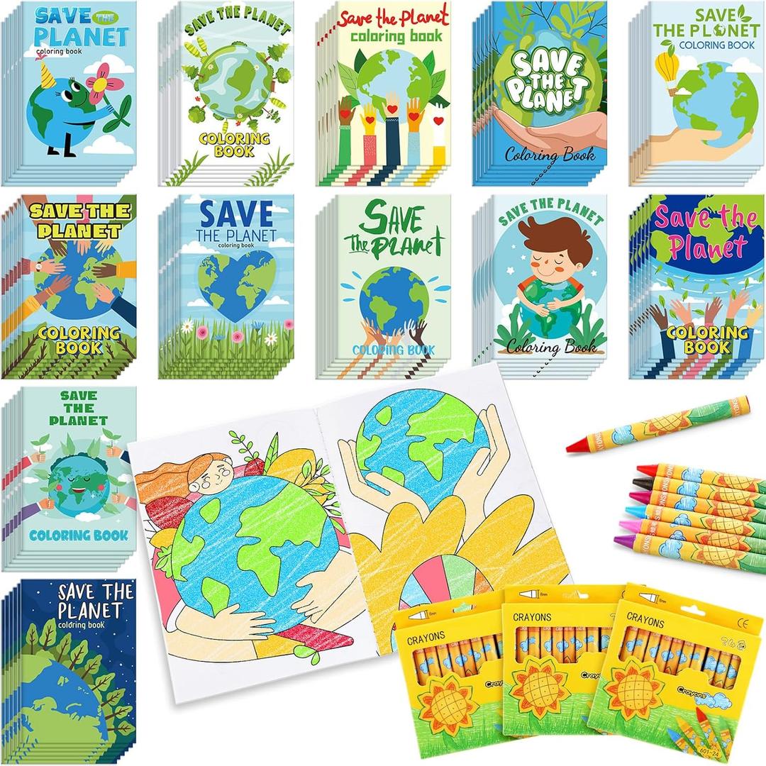 Fulmoon 72 Pcs Earth Day Coloring Books with 72 Pcs Crayons for Kids Save the Planet Coloring Books Bulk for Toddler Ages 6+ Earth Day Party Favors Learning Party Classroom Home Activities Supplies