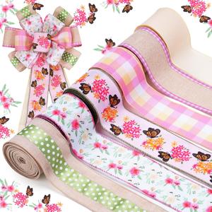 LaRibbons Butterfly Ribbon Wired 6 Rolls 2.5 Inch x 36 Yards TTL, Pink and Green Floral Ribbon with Gingham Plaid and Polka Dot for Spring Summer Mothers Day Crafts Wreath Bow Decoration