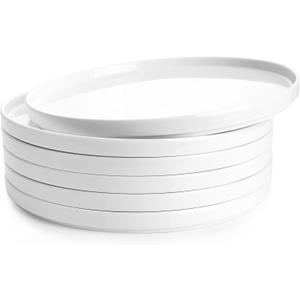 Sweese Porcelain Flat Dinner Plates Set of 6, 10.5 Inch High Edge Dish Set - Dishwasher, Microwave, Oven Safe, Scratch Resistant, Kitchen Serving Dishes - Elegant White Glaze