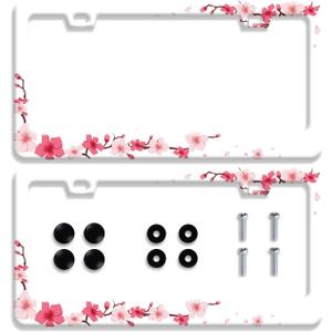 2Pcs Beautiful Cherry Blossom License Plate Frames Personalise Floral License Plate Frame Car Accessories Cars Decor with 2 Holes and Screws Fits Standard US Vehicles Size: 12.2 x 6 Inch