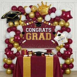 Maroon White Gold Balloon Garland Arch Kit with backdrop Stars Graduation Cap crown GRAD Letters Mylar Balloons for 2026 graduate Prom Decorations