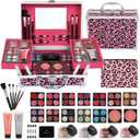 Anpro All-In-One Leopord Double Folding Makeup Kit with Case, Pro Teen Makeup Set, Full Starter Kit with Makeup Brushes, Lipsticks, Eyeshadow Palette, Blushes, Glitter Gel, Ideal Present for Girls (Pink)