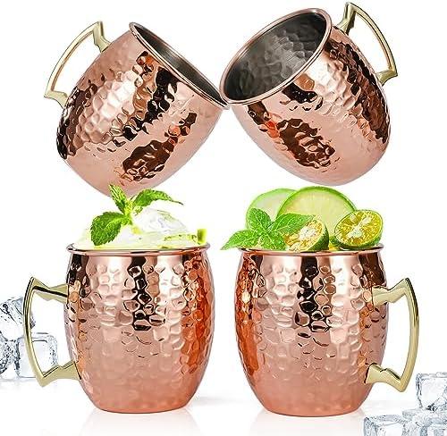 Amrules Moscow Mule Mugs Set of 4, 16 OZ Hammered Copper Cups with 304 Stainless Steel Lining and Gold Brass Handles, for Cold Drinks, Beer, Wine, Bars, Parties