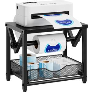 Marbrasse Label Holder for Rolls and Fanfold Labels, Metal Thermal Label Printer Holder with Drawer, Shipping Label Stand,Sticker Roll Holder for Home, Office, Small Business,Black