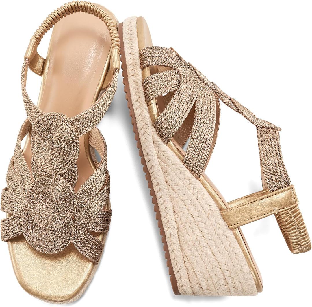 HARENCE Wedge Sandals for Women Espadrilles: Comfortable Platform Elastic Ankle Strap Wedges Heels Dressy Open Toe Summer Wedding Shoes (Beige) Size 38