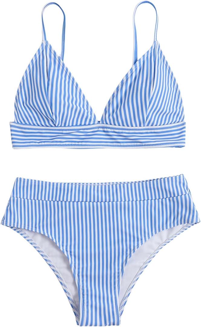 Verdusa Women's Striped High Waist Bikini Sets Swimsuit 2 Piece Bathing Suits (Blue and White)