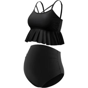 GINKANA Maternity Bikini Two Piece Swimsuits Ruffle High Waisted Maternity Bathing Suit Summer Pregnancy Swimwear (Medium, Black)