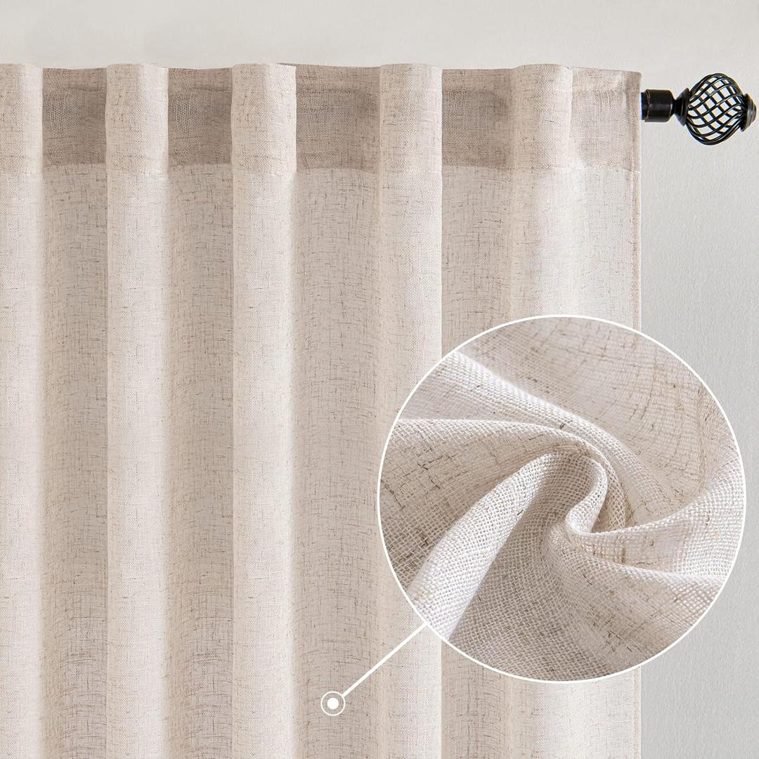 MIULEE Natural White Linen Curtains 96 Inch Long 2 Panels for Bedroom Living Room, Soft Thick Linen Textured Window Drapes Semi Sheer Light Filtering Rod Pocket Back Tab Neutral Farmhouse Cream Ivory