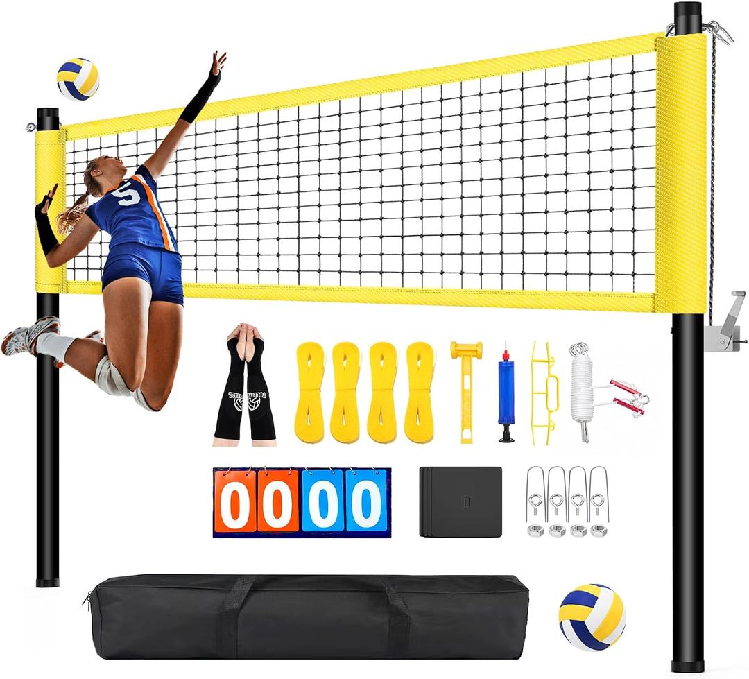 Professional Outdoor Volleyball Net Set with Arm Sleeves & Beach Fixed Plate, Heavy Duty 32ft Ply Reinforced Net with Steel Anti-Sag Winch, Height-Adjustable Poles, Carry Bag for Backyard Beach Lawn