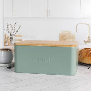 Beautiful Bread Box With Wooden Lid For Your Kitchen Countertop - Spacious Container Perfectly Stores Your Homemade Bread, English Muffins & Bagels - Quality Cutting Board Lid Keeps Bread Fresh (Sage)