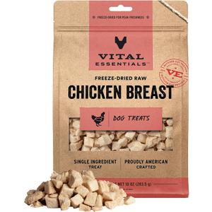 Vital Essentials Freeze Dried Dog Treats | Chicken Breast, Single Ingredient | Premium Quality | Grain Free Training Treats for Dogs, 10 oz Bag (EXP 11/19/27)