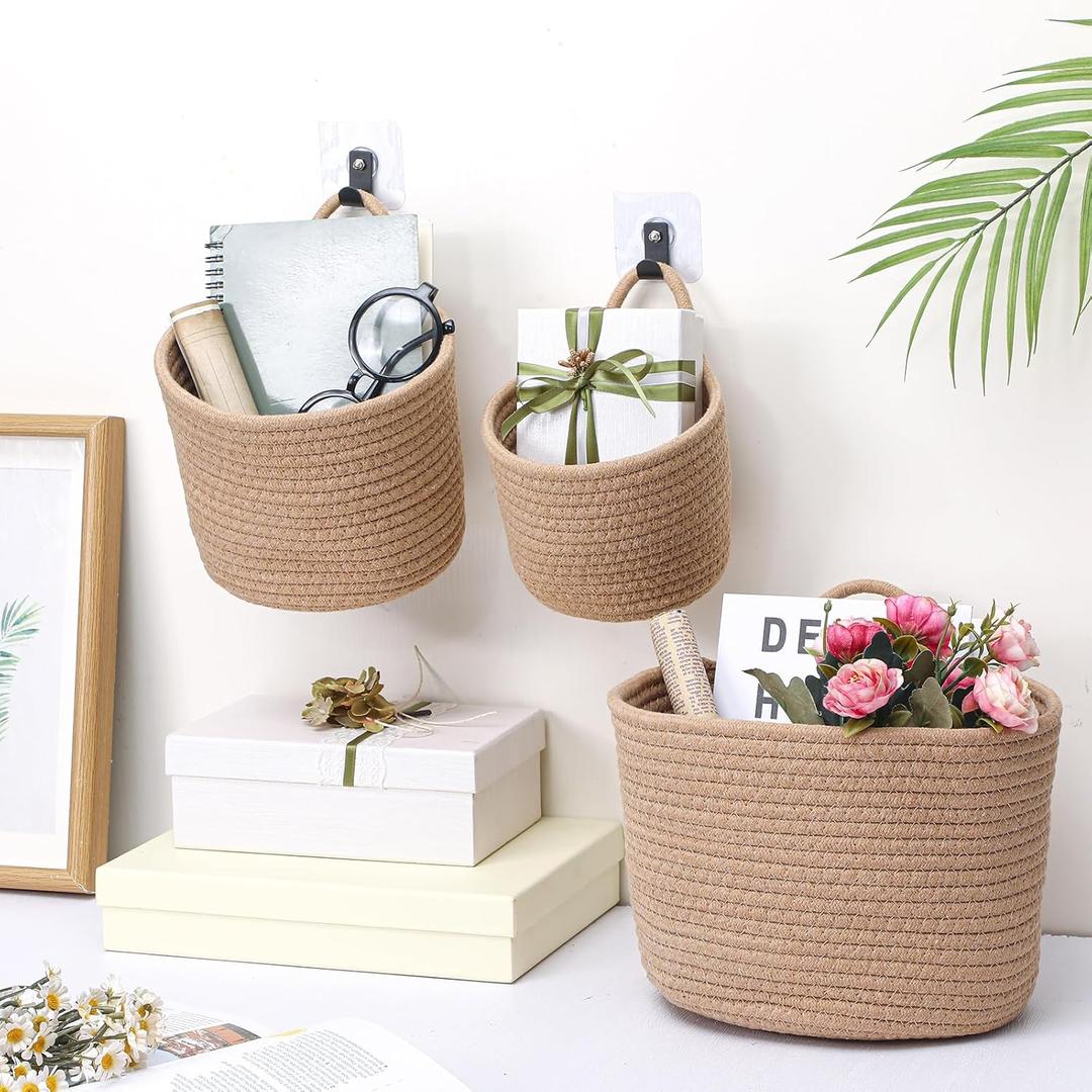 Geiserailie 3 Set 6 8 10 Fabric Wall Hanging Baskets for Organizing 3 Size Boho Basket Storage for Plant Woven Hanging Organizer with Adhesive Hook for Kitchen Boho Wall Decoration(Linen)