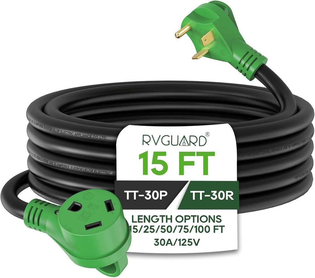 RVGUARD 30 Amp 15 Foot RV Extension Cord, Heavy Duty 10/3 Gauge STW Cord with LED Power Indicator and Cord Organizer, TT-30P/R Standard Plug, Green, ETL Listed