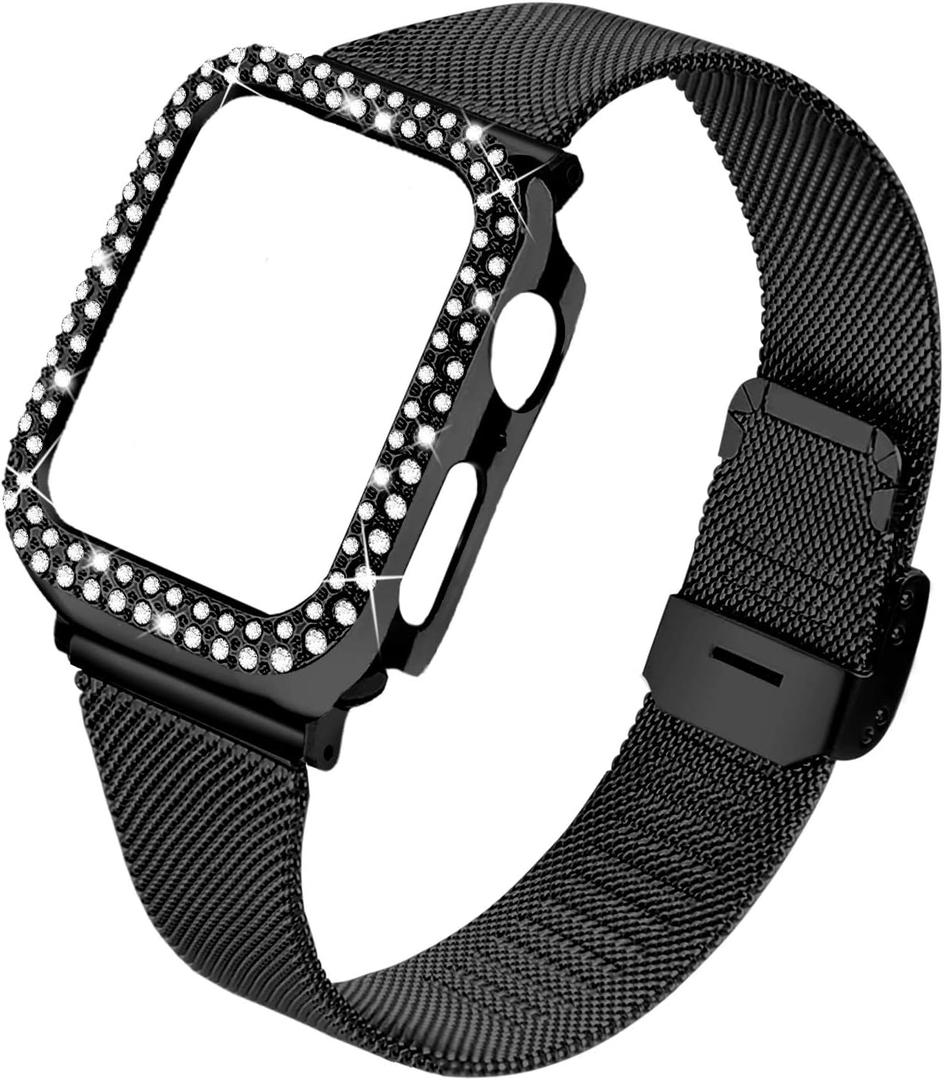 JOYOZY Stainless Steel Mesh bands Compatible For Apple Watch 40mm, Women Bling Protective Crystal Diamond Case with Loop Mesh Strap For Apple Watch Series 6/5/4/SE (No Tool Needed) (Black, 40MM)