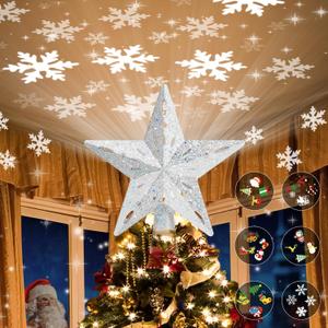 Christmas Tree Topper Lighted with 6 Projection Modes,Christmas Star Tree Topper Built-in LED Rotating Projector Lights 3D Sparkling Christmas Tree Decorations for Xmas Party Holiday Decor(Silver)
