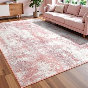 Washable Abstract Rug, 3x5 Modern Area Rugs with Non-Slip Rubber Backed for Bedroom, Thin but Soft Contemporary Carpet Kitchen Living Room Decor, Pink