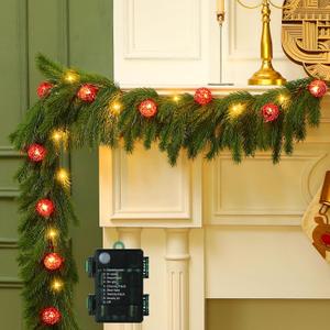 Ceenna 6.2FT Pre Lit Christmas Cedar Garland with Lights Artificial Pine Garland Christmas Decorations with Ball Ornaments,8 Modes Timer Battery Operated for Outdoor Indoor(Red)