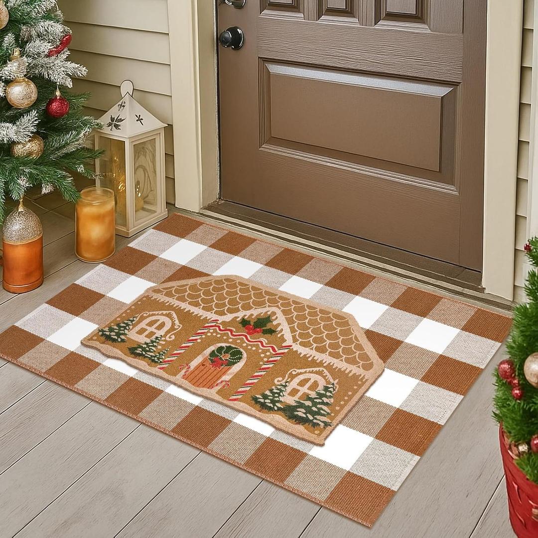 Dunzy 2 Pcs Christmas Gingerbread House Door Mat Combo Set 16.9 x 29.5 Coir Welcome Door Mat and 27.5 x 43.3 Brown and White Plaid Rug for Christmas Porch Decor Outdoor Farmhouse Entryway Foyer
