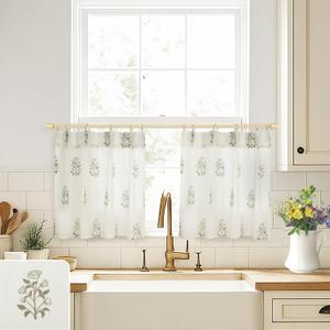 Boho Floral Linen Small Window Curtain for Kitchen Bathroom,Pinch Pleat Cafe Curtain 24x18 Inch Length Light Brown