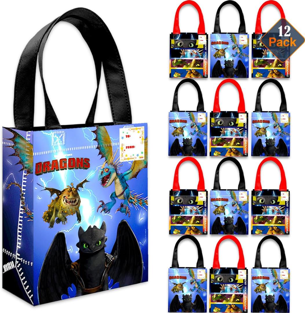 How to Train Your Dragon Party Favor Bags Set  12 Pack 8" Goodie Bags for Kids Bulk Reusable Mini Totes | How to Train Your Dragon Birthday Party Supplies
