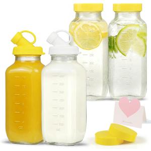 16 oz Glass Milk Bottles with Pour Dispenser, Reusable Juice Bottles with Airtight Lid for Fridge, Glass Pitchers with Scale, Gift for a New Mother