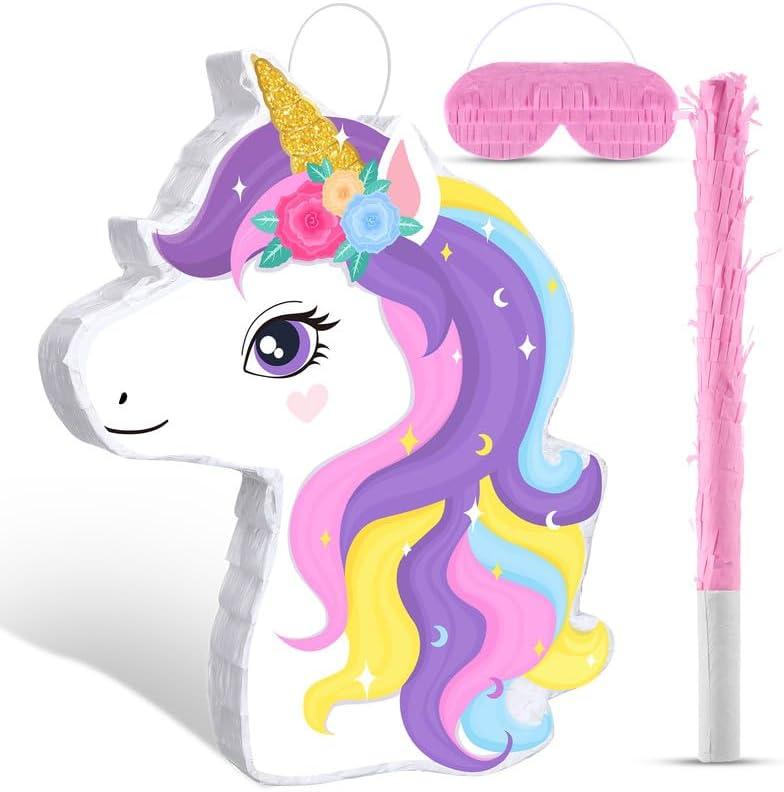 Small Unicorn Piata with Piata Stick Blindfold and Confetti Rainbow Unicorn Piata for Girls Birthday Party Pink Unicorn Party Supplies for Princess Parties Fiestas Decorations, (Unicorn)