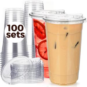 100 Pack 32 oz Clear Plastic Cups with Strawless-Sip-Lids, Disposable Cups Plastic Iced Coffee Cups, To Go Cups with Sip Through Lids for Smoothie, Milkshake, Cold Drinks for Party, Wedding, Event