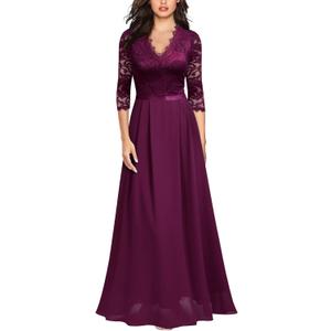 MISSMAY Women's Formal Floral Lace 2/3 Sleeves Long Evening Party Maxi Dress (Magenta)