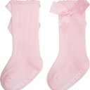 Baby Knee High Socks Girl Non Slip Toddler Stockings Cotton Bow Ruffle Newborn Long Socks Infant Dress Sock 0-6M/6-12M/1-3Y (Pink)