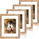 iRahmen 11x14 Picture Frame Set of 4 with Tempered Glass, Rustic Brown Frame Display 8x10 Pictures with Mat or 11 x 14 Without Mat, Wooden Photo Frames for Wall Mounting