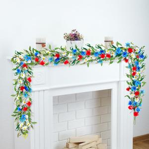 XunYee 2 Pcs 6 ft 4th of July Patriotic Garland for Mantle, Red White Blue Flower Garlands for Independence Day - Fireplace Door Table Tree Stairs Home Decorations